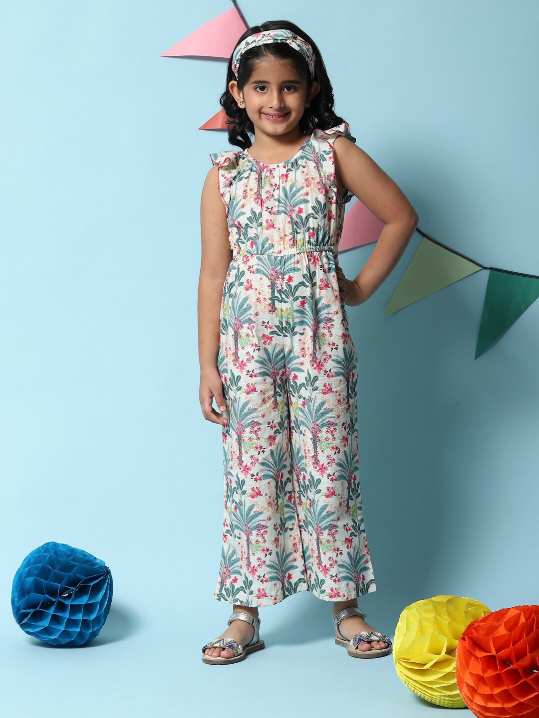 

Biba Girls Cream-Coloured & Blue Printed Basic Jumpsuit with Ruffles