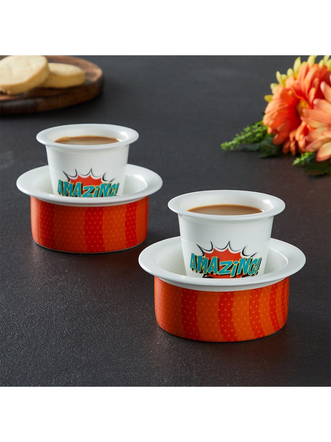 

Home Centre Set Of 4 White & Orange Text or Slogans Printed Bone China Glossy Cups Set