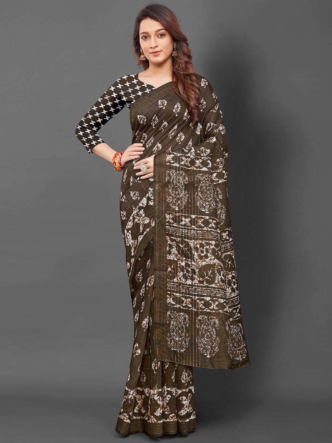 

Mitera Floral Silk Blend Block Print Saree, Olive