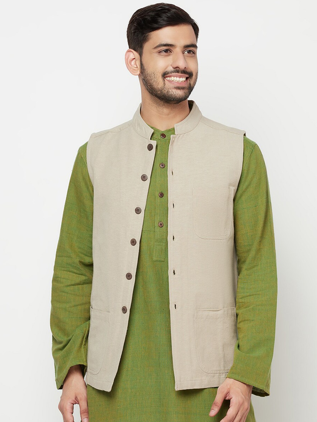 

Fabindia Men Pure Cotton Nehru Jacket, Beige