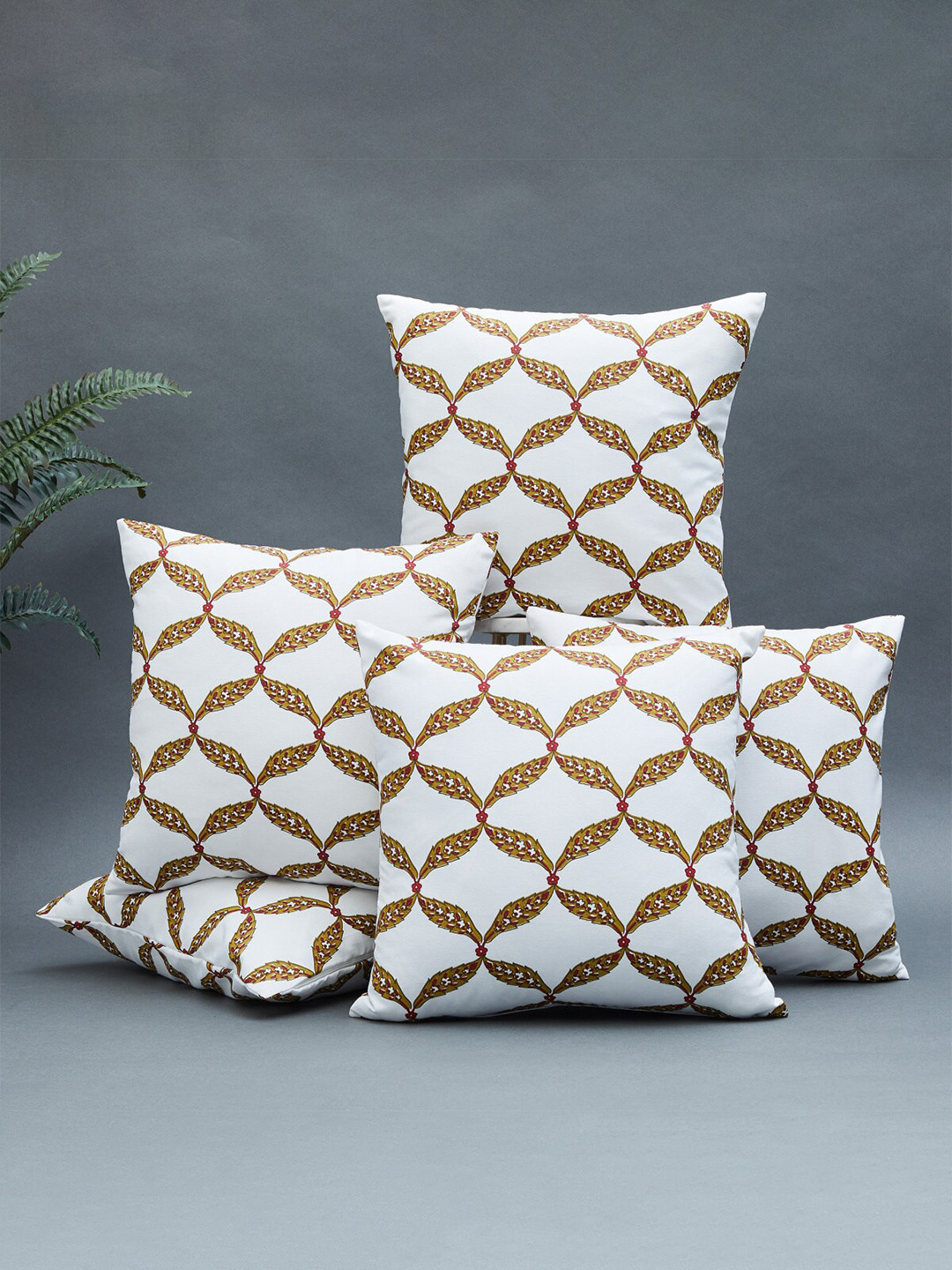 

Home Centre Corsica White & Yellow Set of 5 Geometric Printed Square Cushion Covers