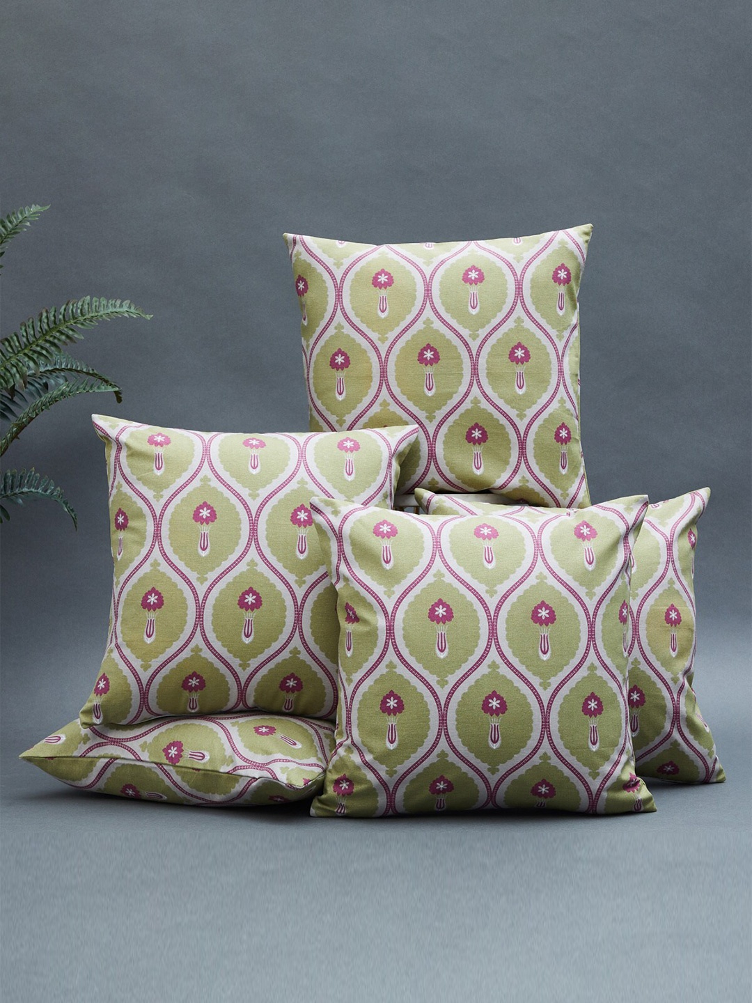 

Home Centre Green & White Set of 5 Ethnic Motifs Square Cotton Cushion Covers