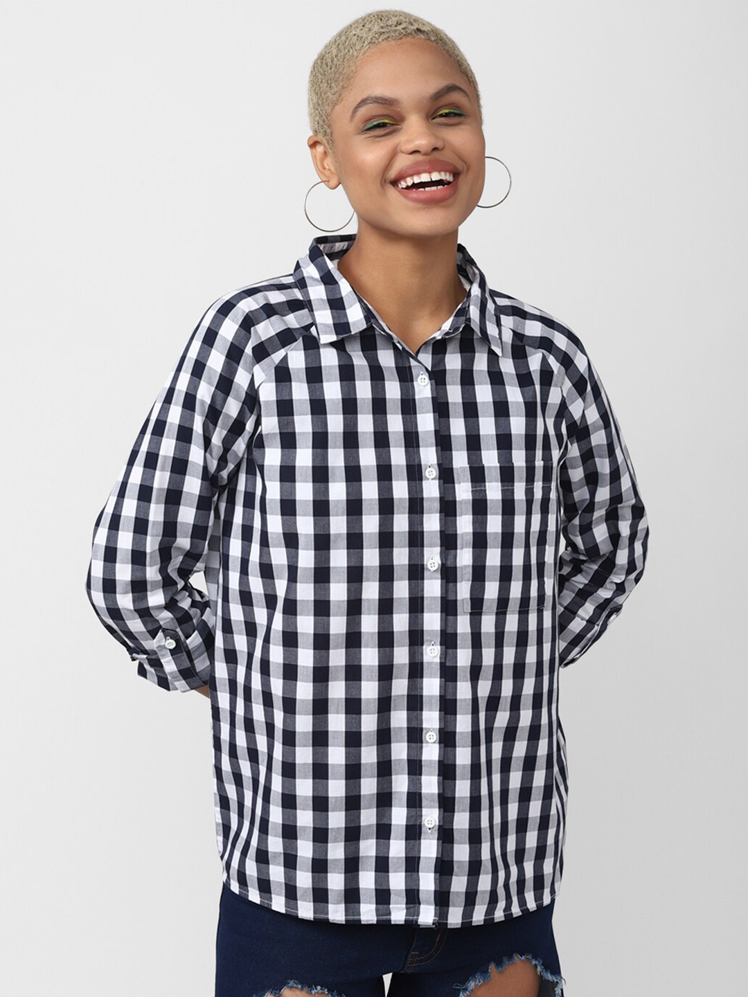 

FOREVER 21 Checked Monochrome Shirt Style Pure Cotton Top, Black