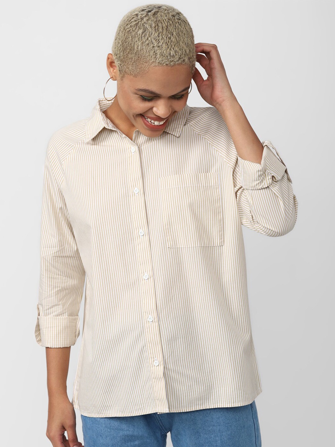 

FOREVER 21 Striped Roll-Up Sleeves Pure Cotton Shirt Style Top, Beige