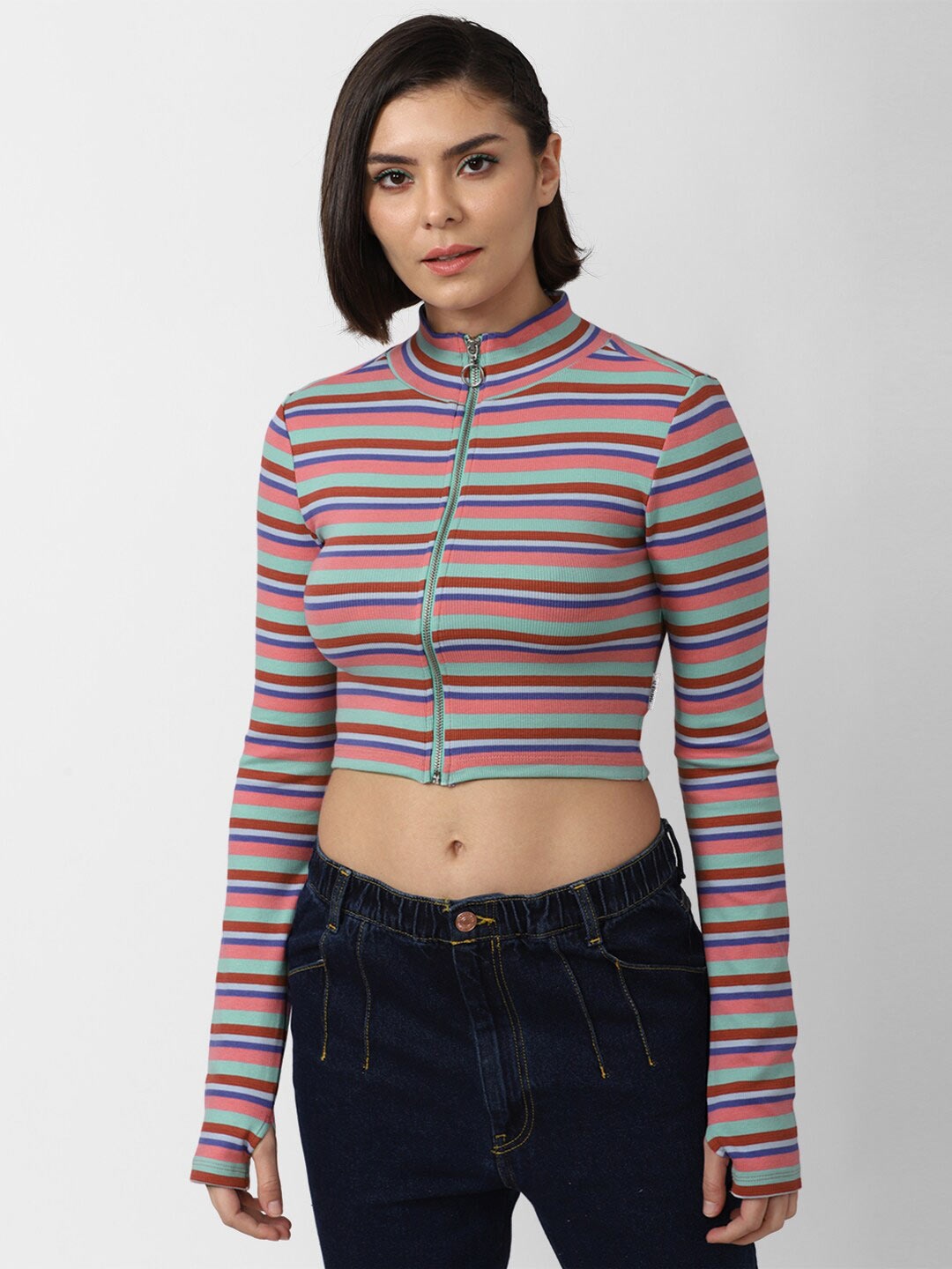 

FOREVER 21 Striped High Neck Crop Top, Rust