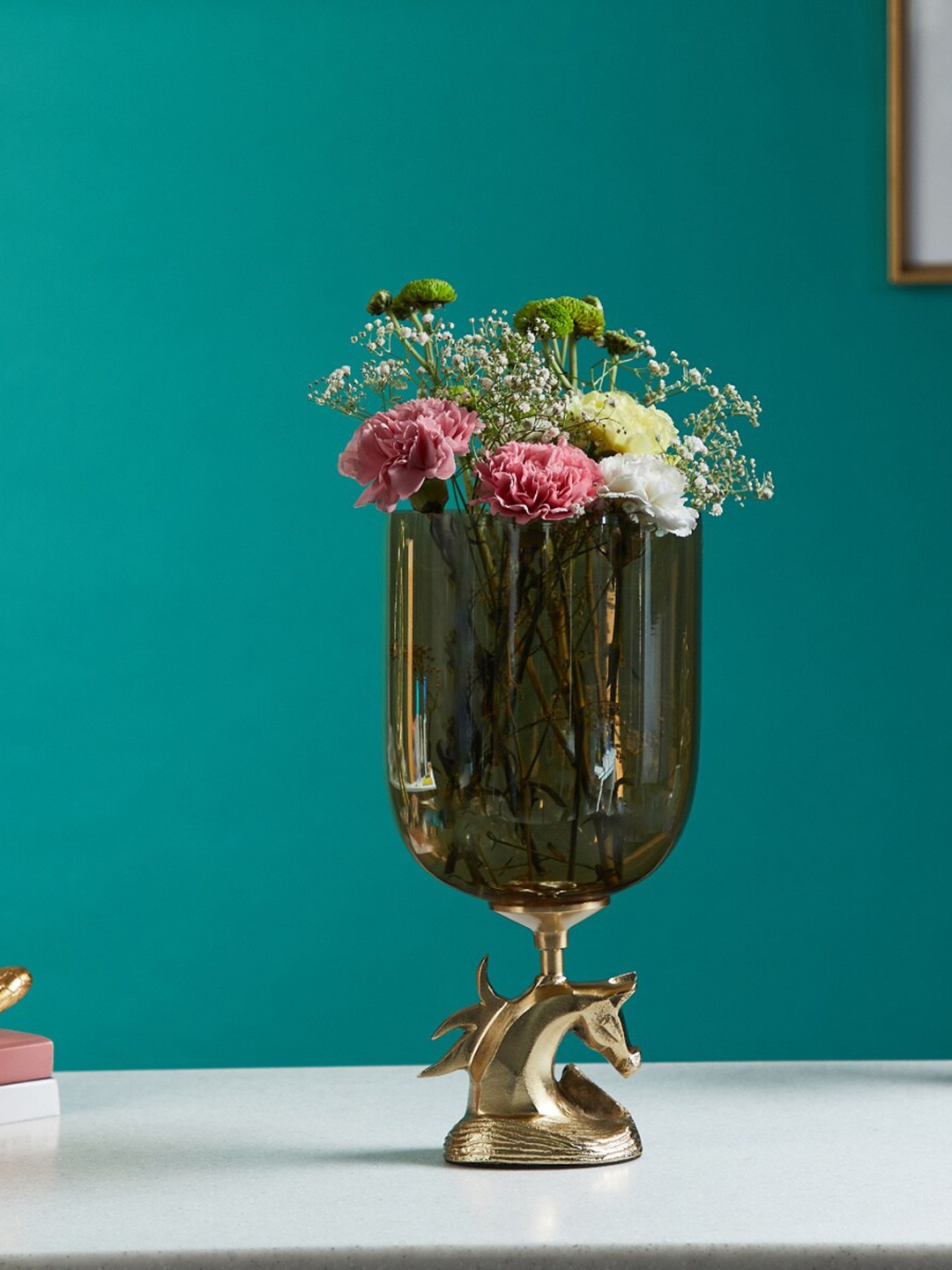 

Home Centre Tropical Gold-Toned Textured Glass Horse Vase