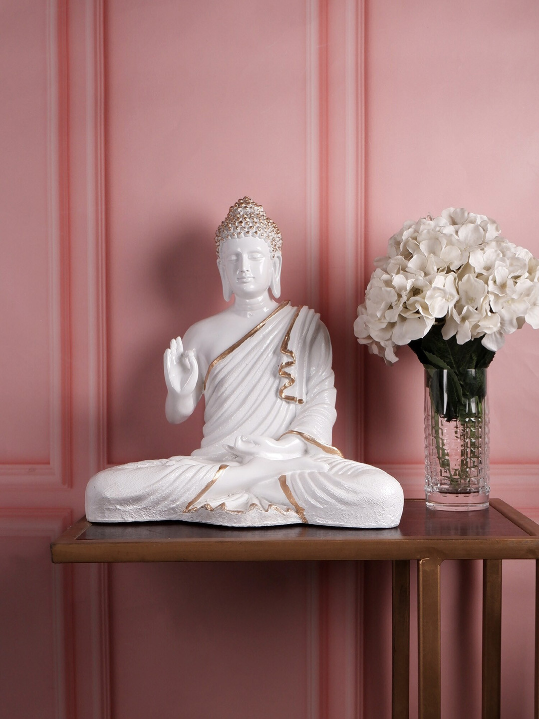

THE WHITE INK DECOR White & Gold-Toned Premium Feng Shui Meditating Buddha Figurine Showpiece