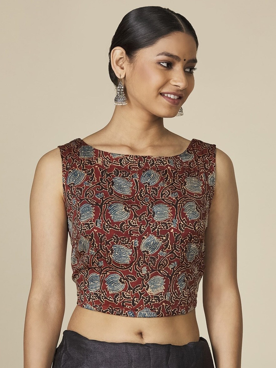 

Fabindia Printed Sleeveless Saree Blouse, Maroon