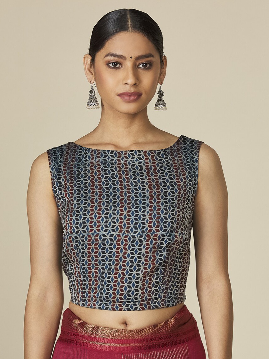 

Fabindia Women Woven Design Modal Sleeveless Blouse, Blue