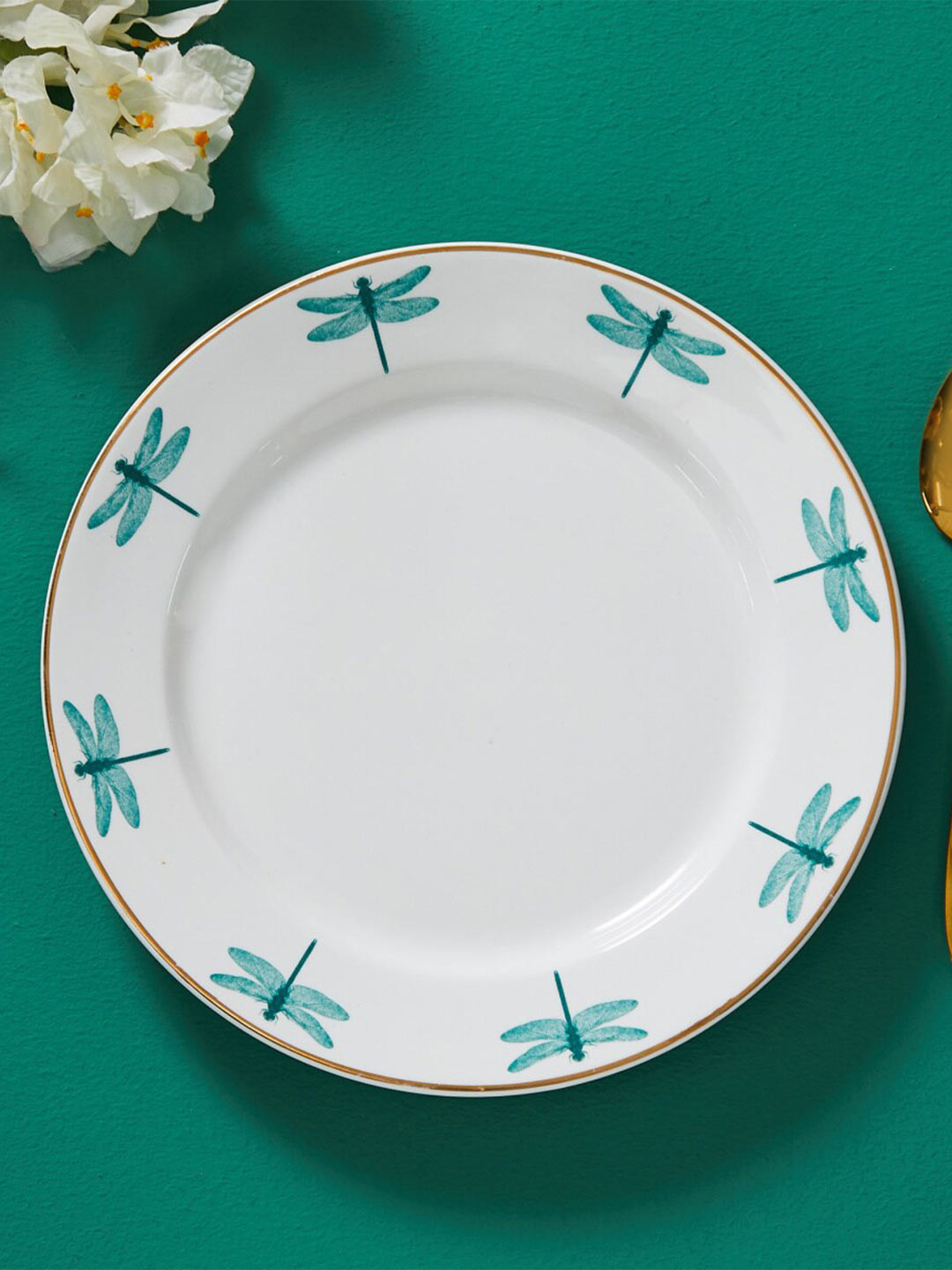 

Home Centre White & Blue Printed Bone China Glossy Round Dinner Plate