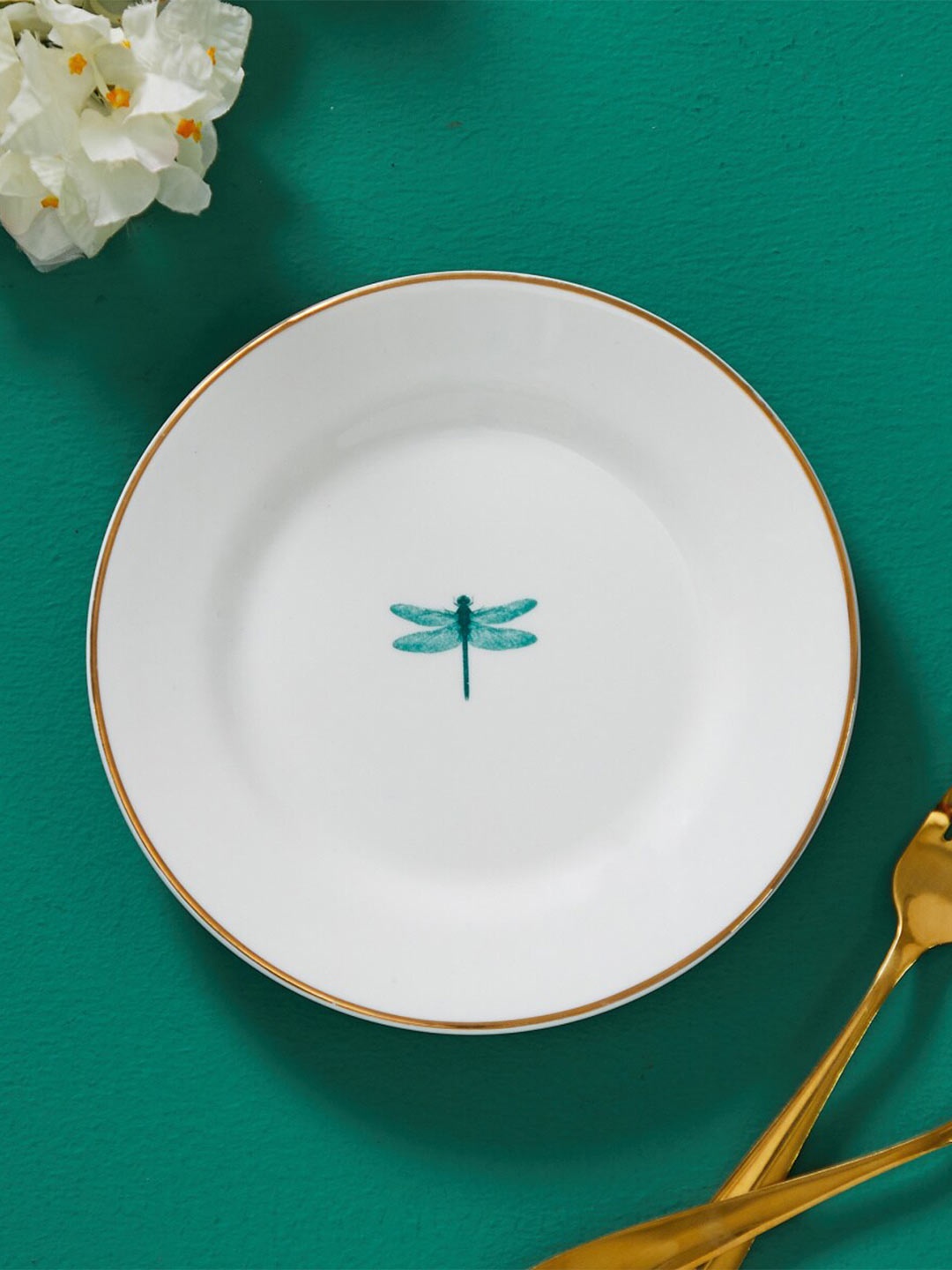 

Home Centre Dragonfly White & Gold-Toned Printed Bone China Glossy Plate