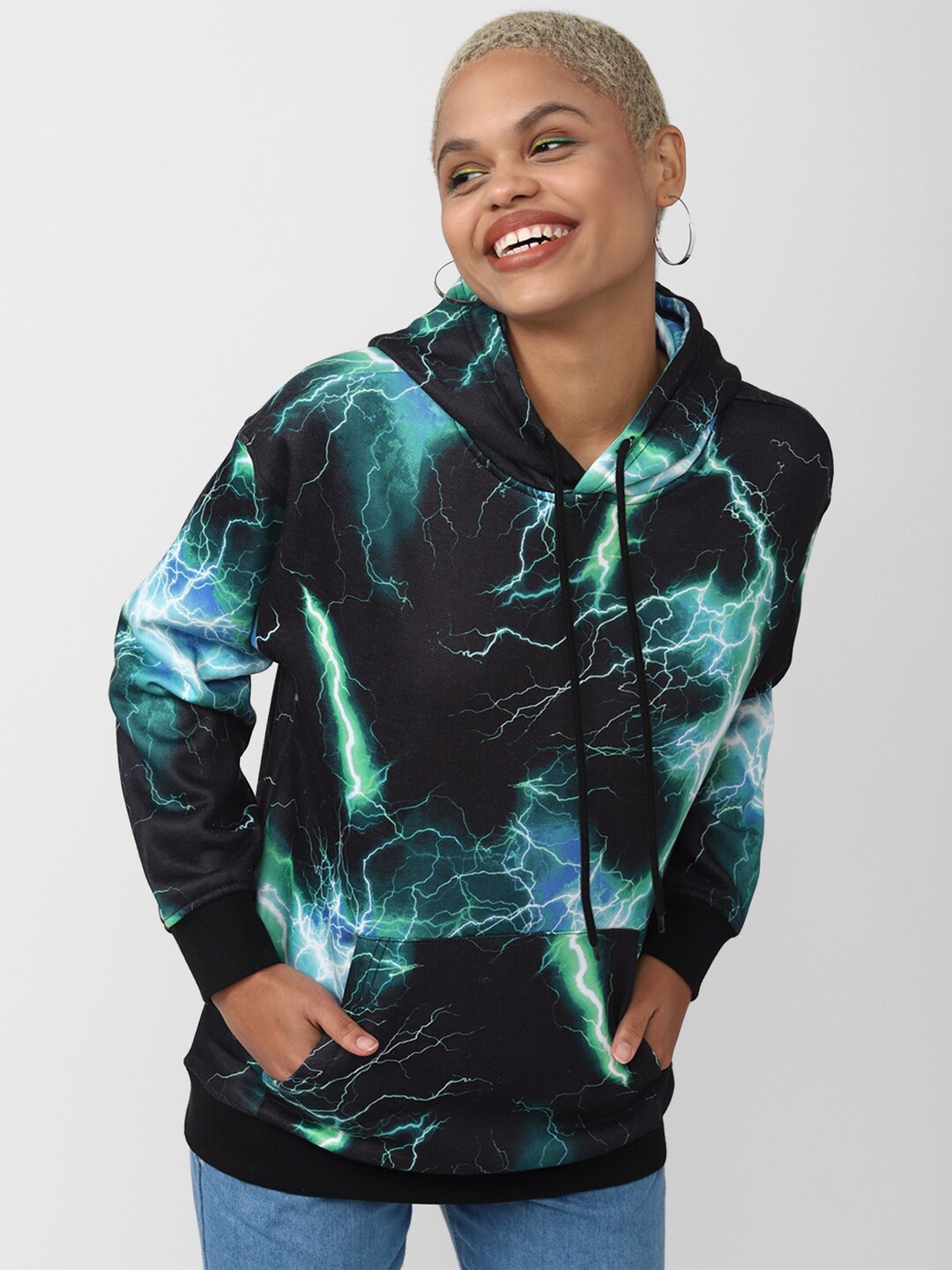 

FOREVER 21 Women Printed Hooded Sweatshirt, Black