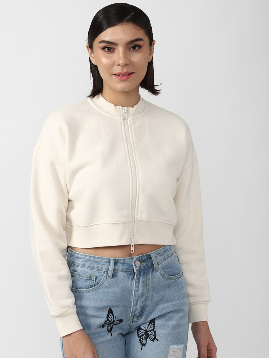 

FOREVER 21 Women Solid Front-Open Sweatshirt, Cream