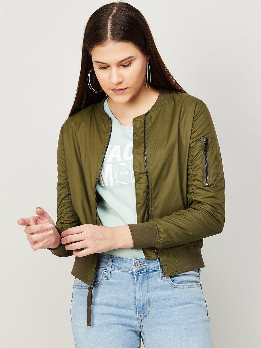 

CODE by Lifestyle Women Lightweight Crop Nylon Bomber Jacket, Olive
