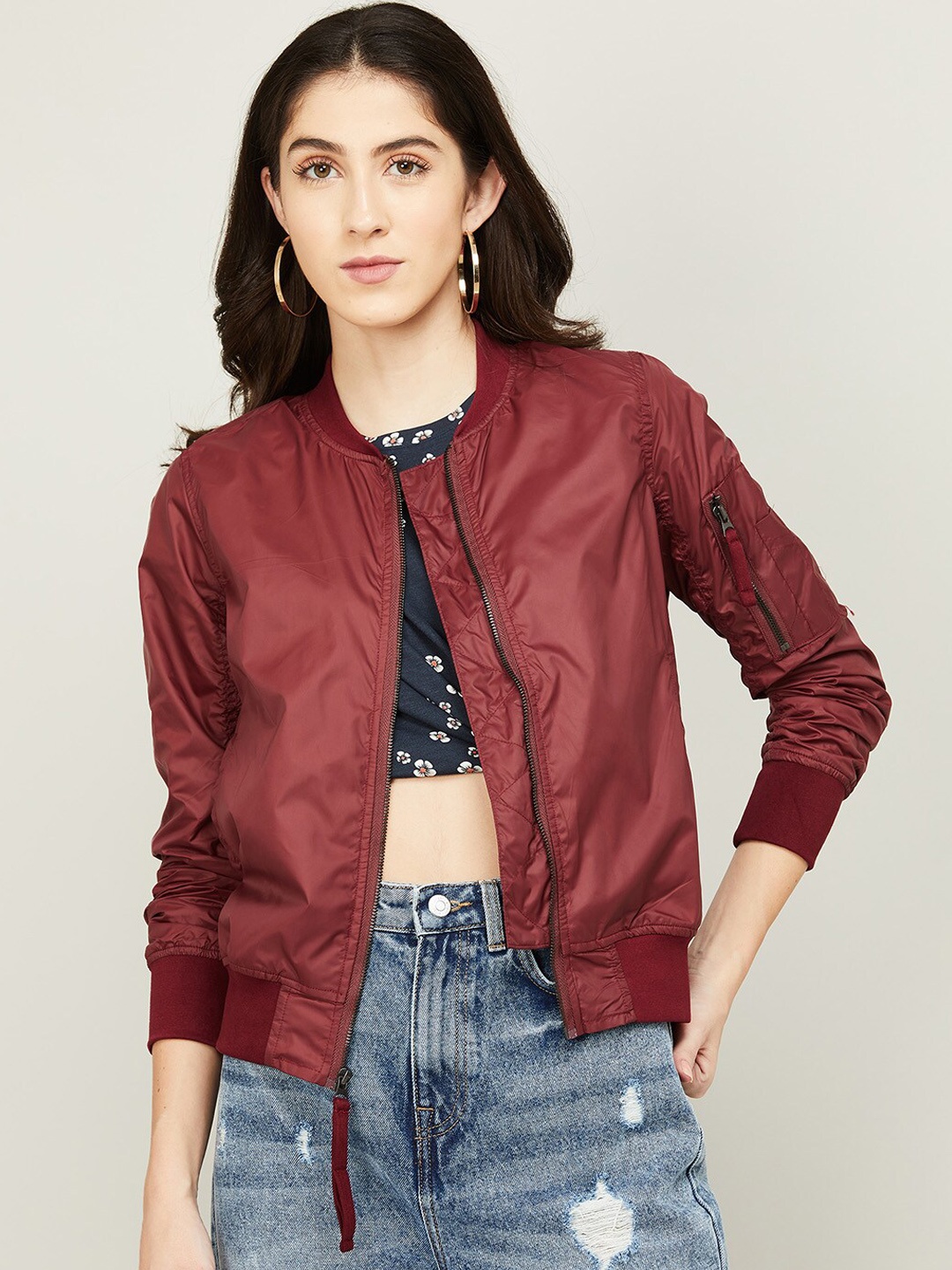 

CODE by Lifestyle Women Lightweight Crop Bomber Jacket, Maroon