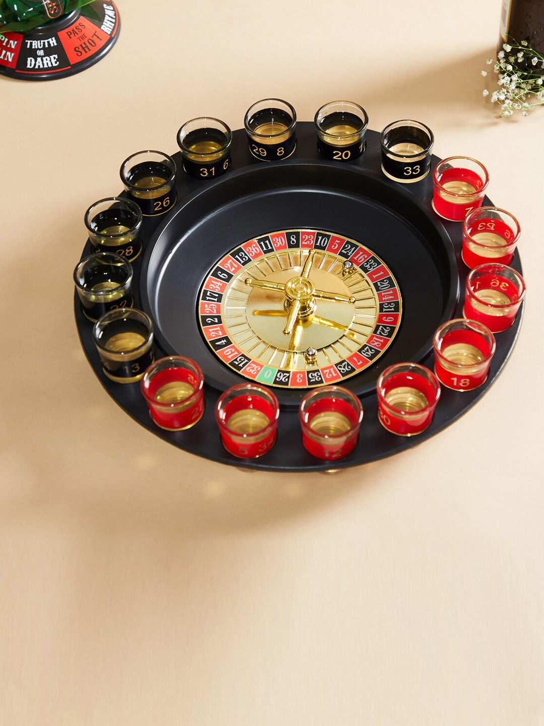 

Home Centre 17-Pcs Printed Shot Glasses with Roulette Drinking Game Tray, Red