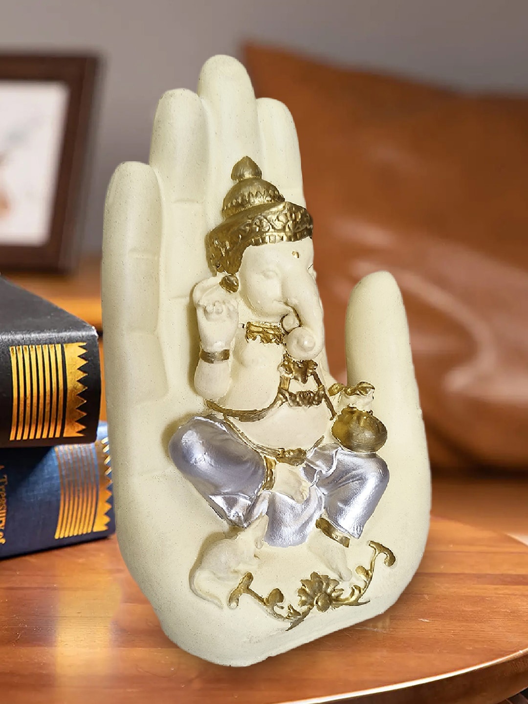

Kuber Industries Cream-Color Handcrafted Palm Ganesha Idol Showpiece