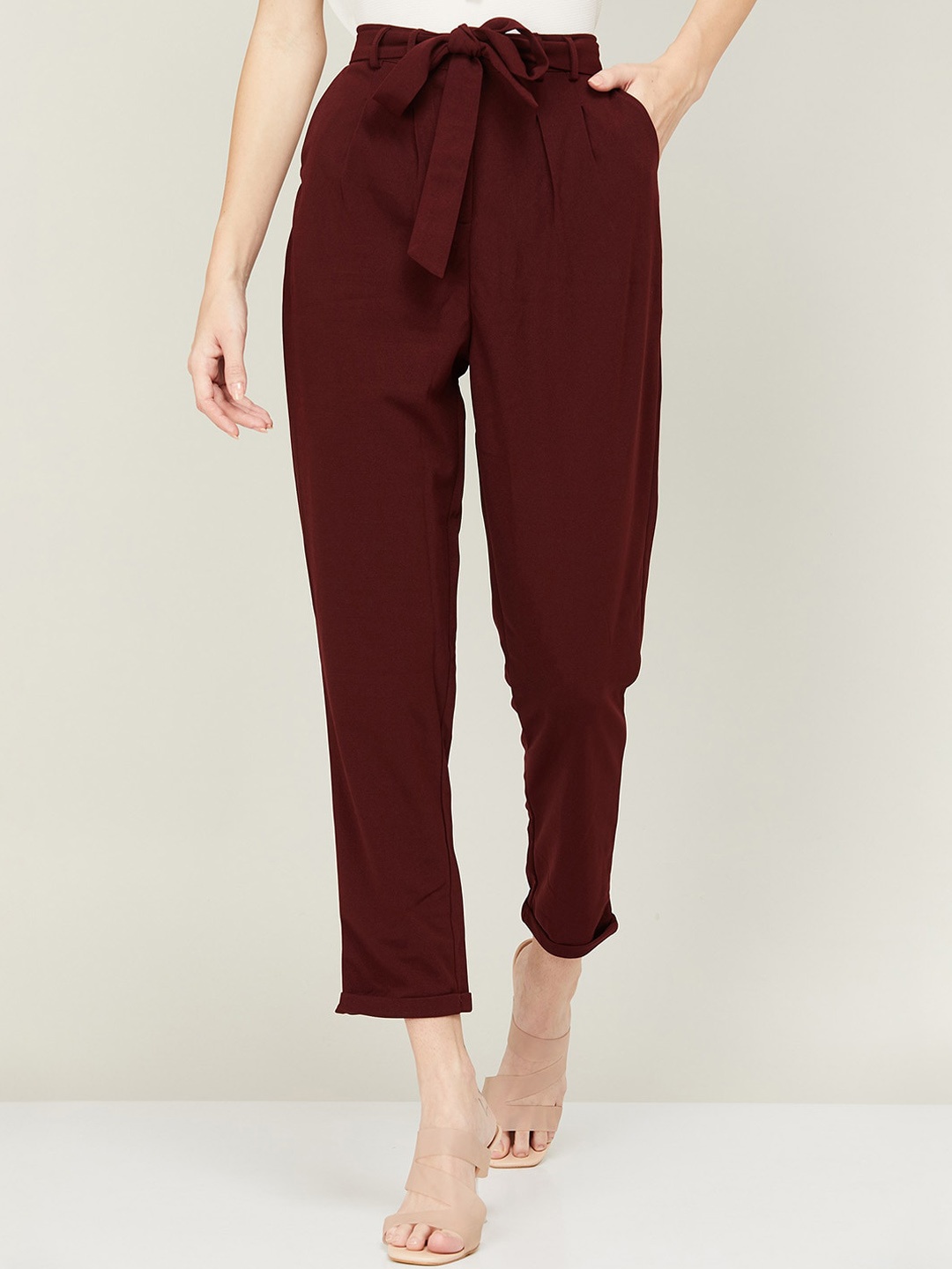 

CODE by Lifestyle Women Red Slim Fit High-Rise Pleated Trousers