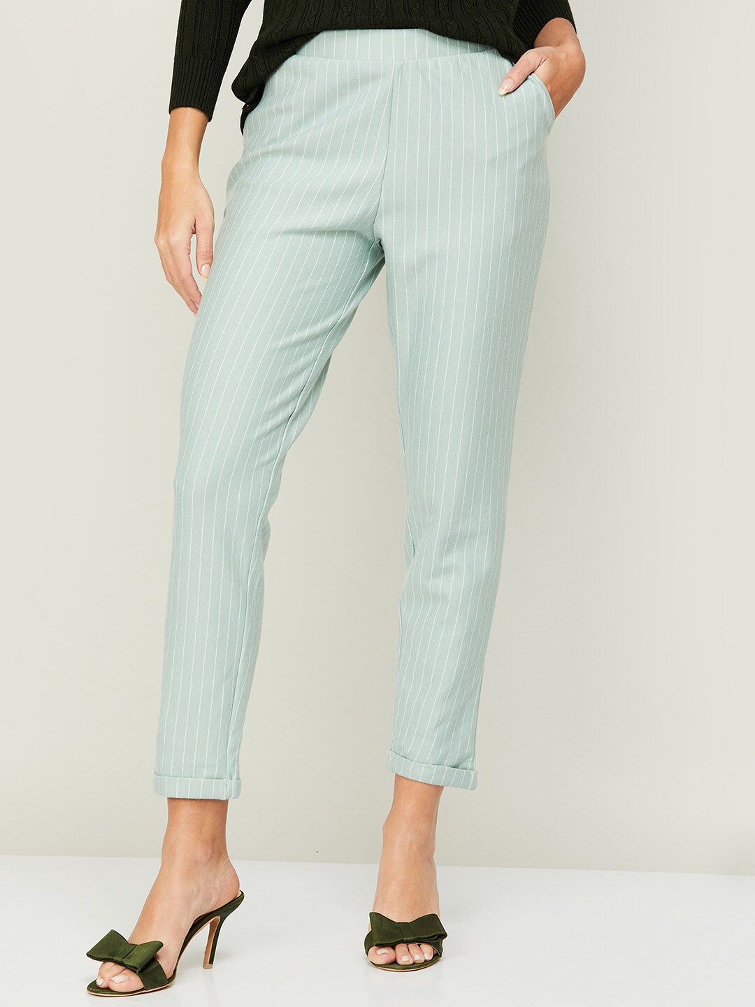 

CODE by Lifestyle Women Green Striped Slim Fit High-Rise Trousers