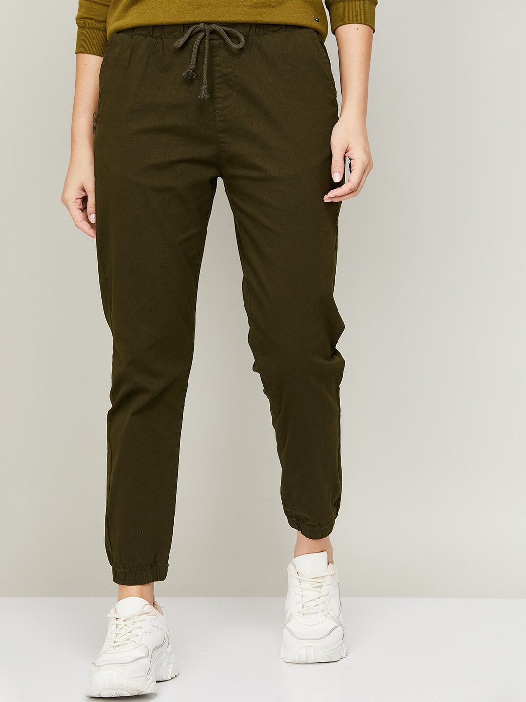 

CODE by Lifestyle Women Olive Green Slim Fit High-Rise Joggers Trousers