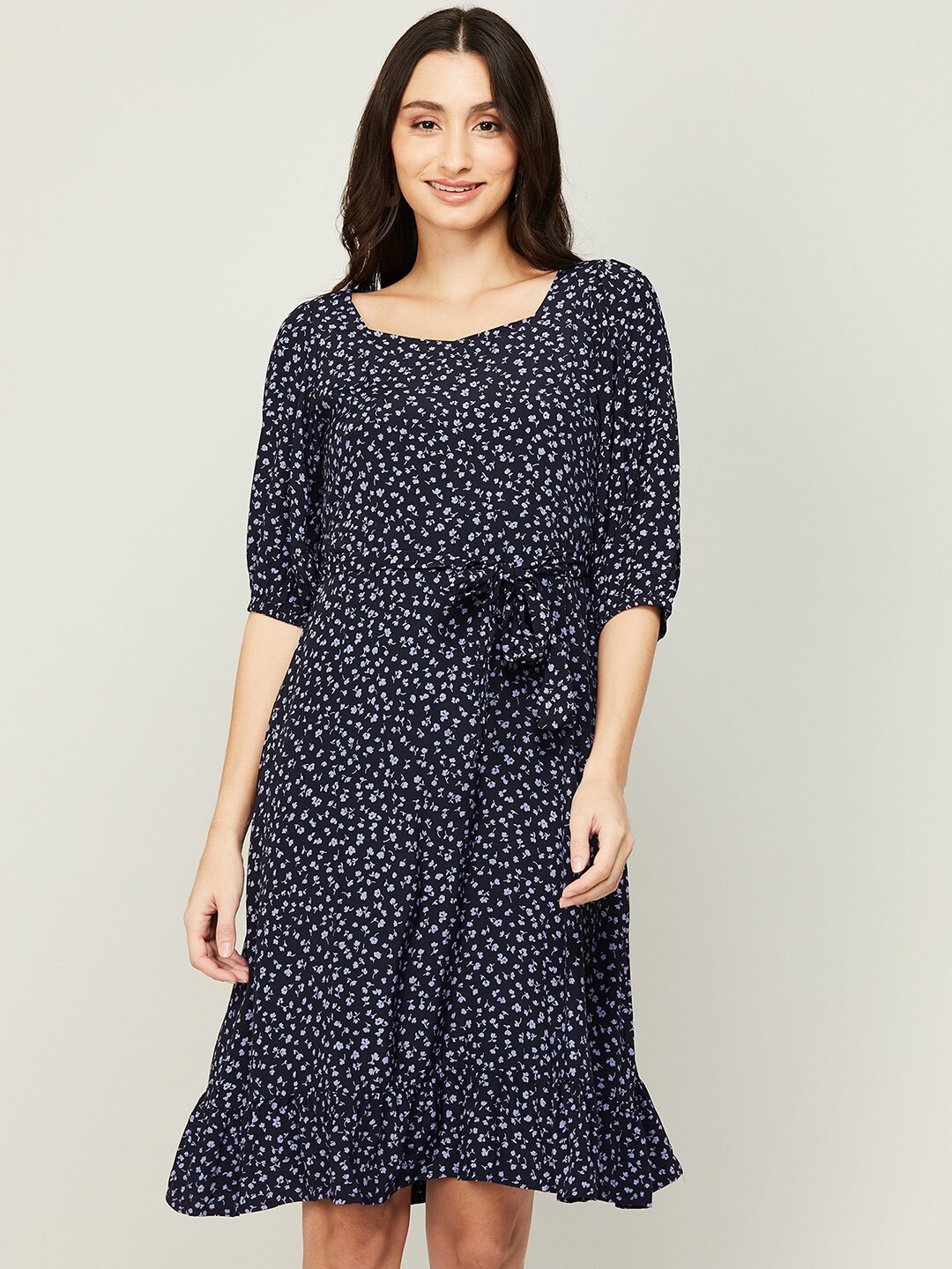 

CODE by Lifestyle Floral Printed A-Line Tie-Up Dress, Blue