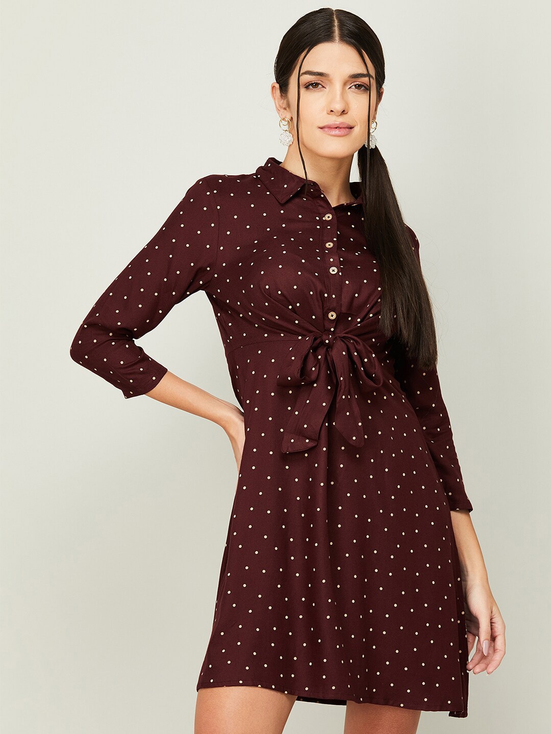 

CODE by Lifestyle Polka Dots Printed Tie-Up Shirt Dress, Brown