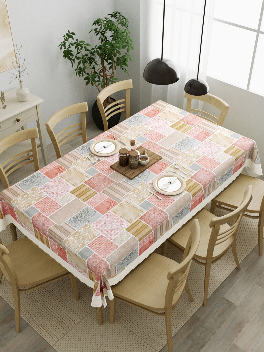 

Clasiko Checked Plastic 8 Seater Dining Table Cover, Pink
