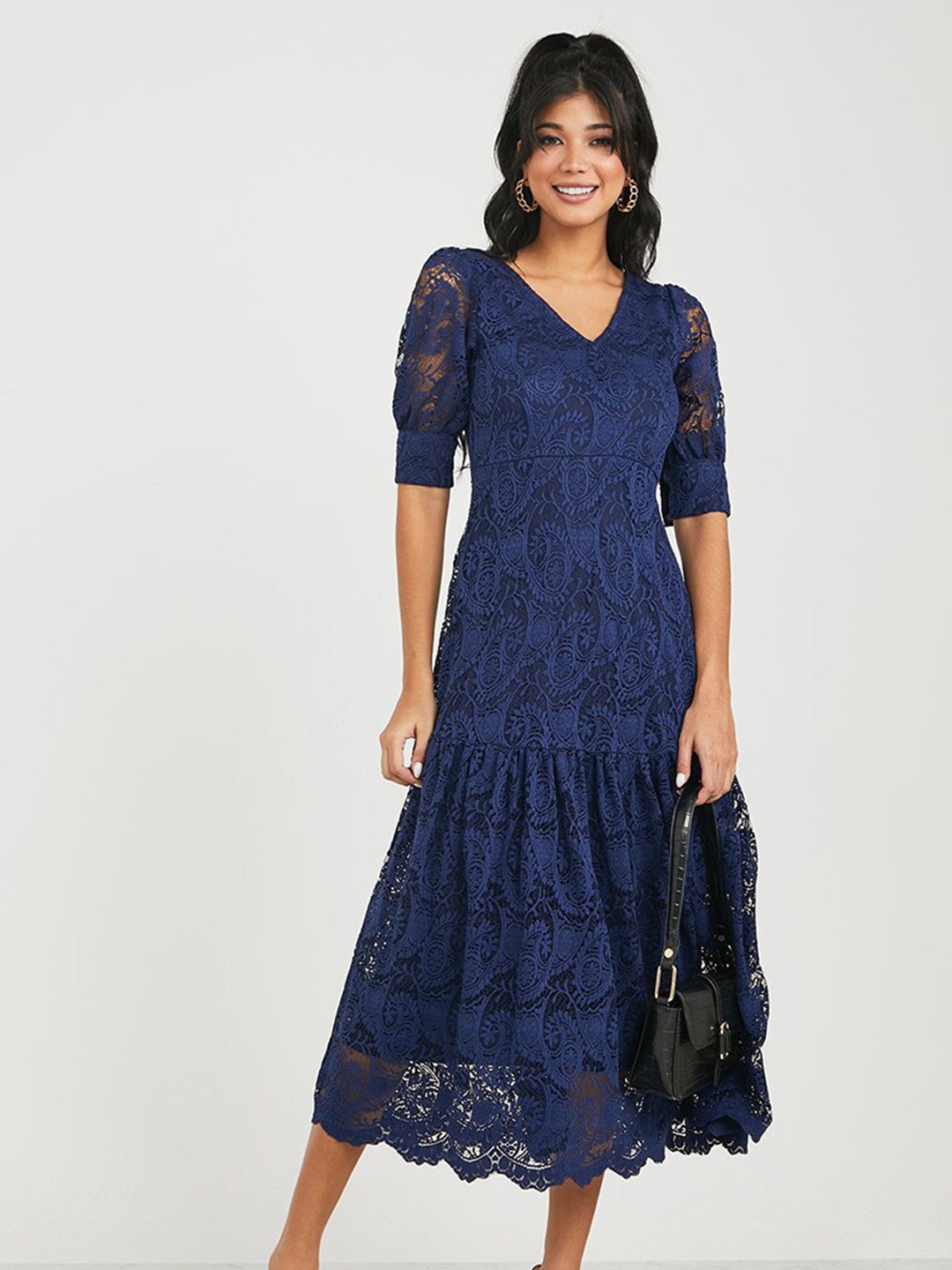 

Styli Self-Design A-Line Midi Dress, Navy blue