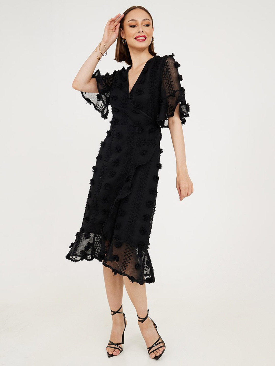 

Styli Self-Design Lace Midi Wrap Dress, Black