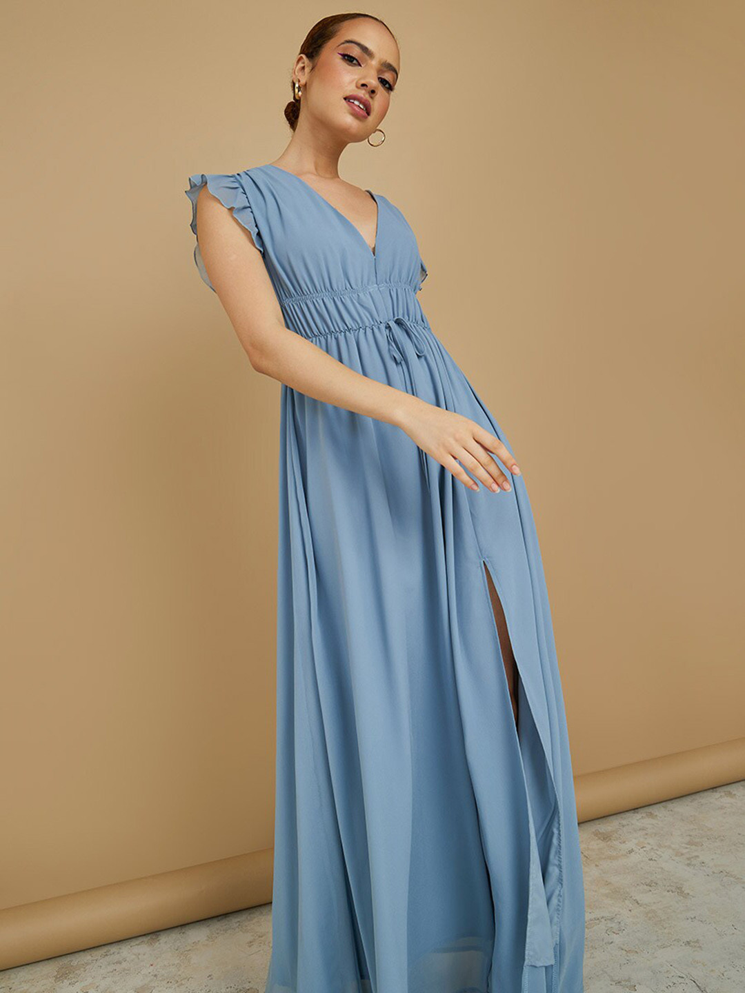 

Styli Ruffle Sleeve Cinch Waist A-Line Maxi Dress, Blue