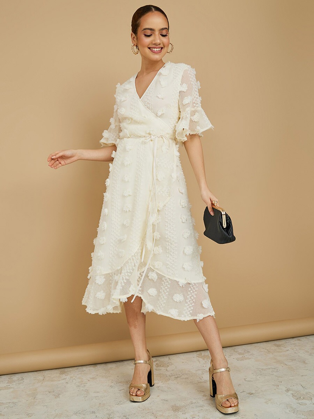 

Styli V-Neck Lace Midi Wrap Dress, Cream