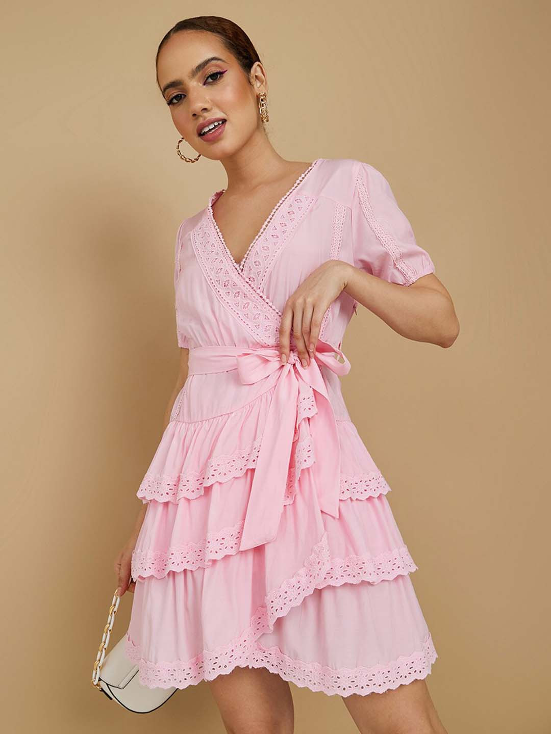 

Styli Layered Self Design Wrap Dress, Pink