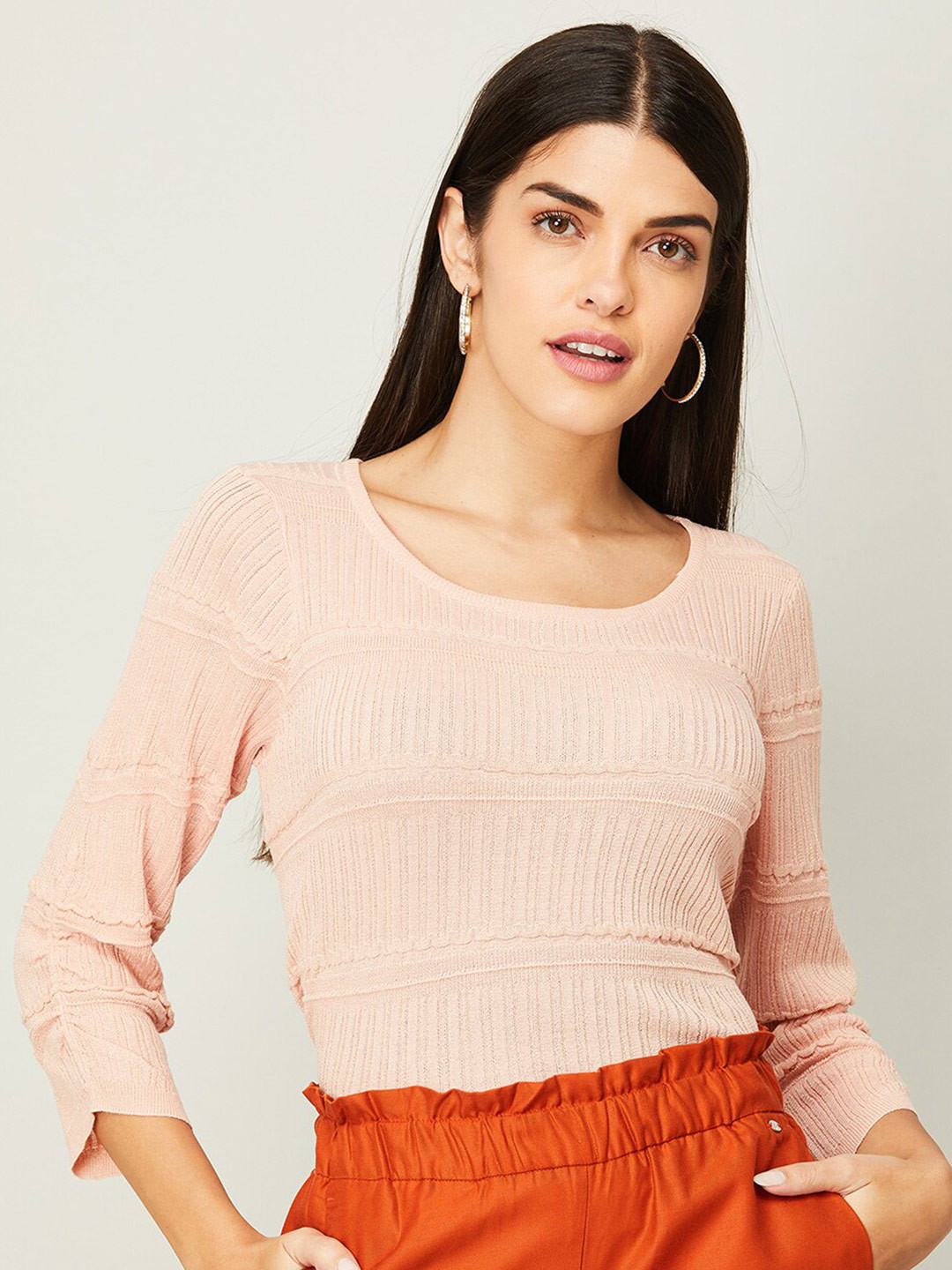 

CODE by Lifestyle Women Self Design Round Neck Pullover, Peach