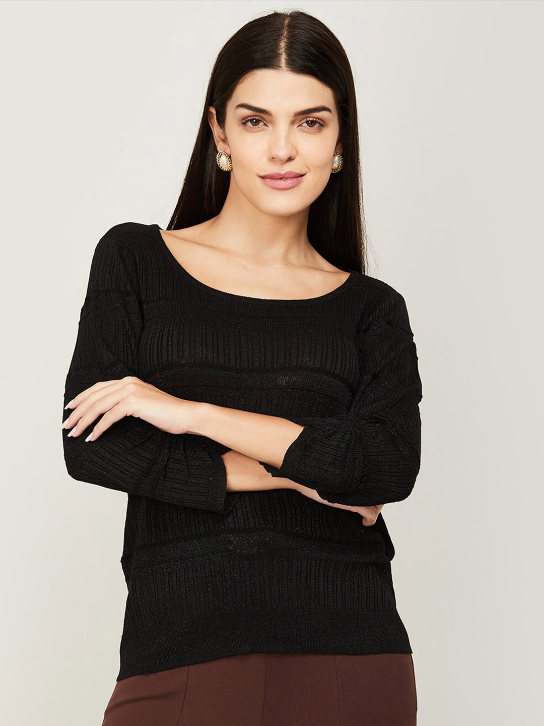 

CODE by Lifestyle Women Self Design Round Neck Pullover, Black