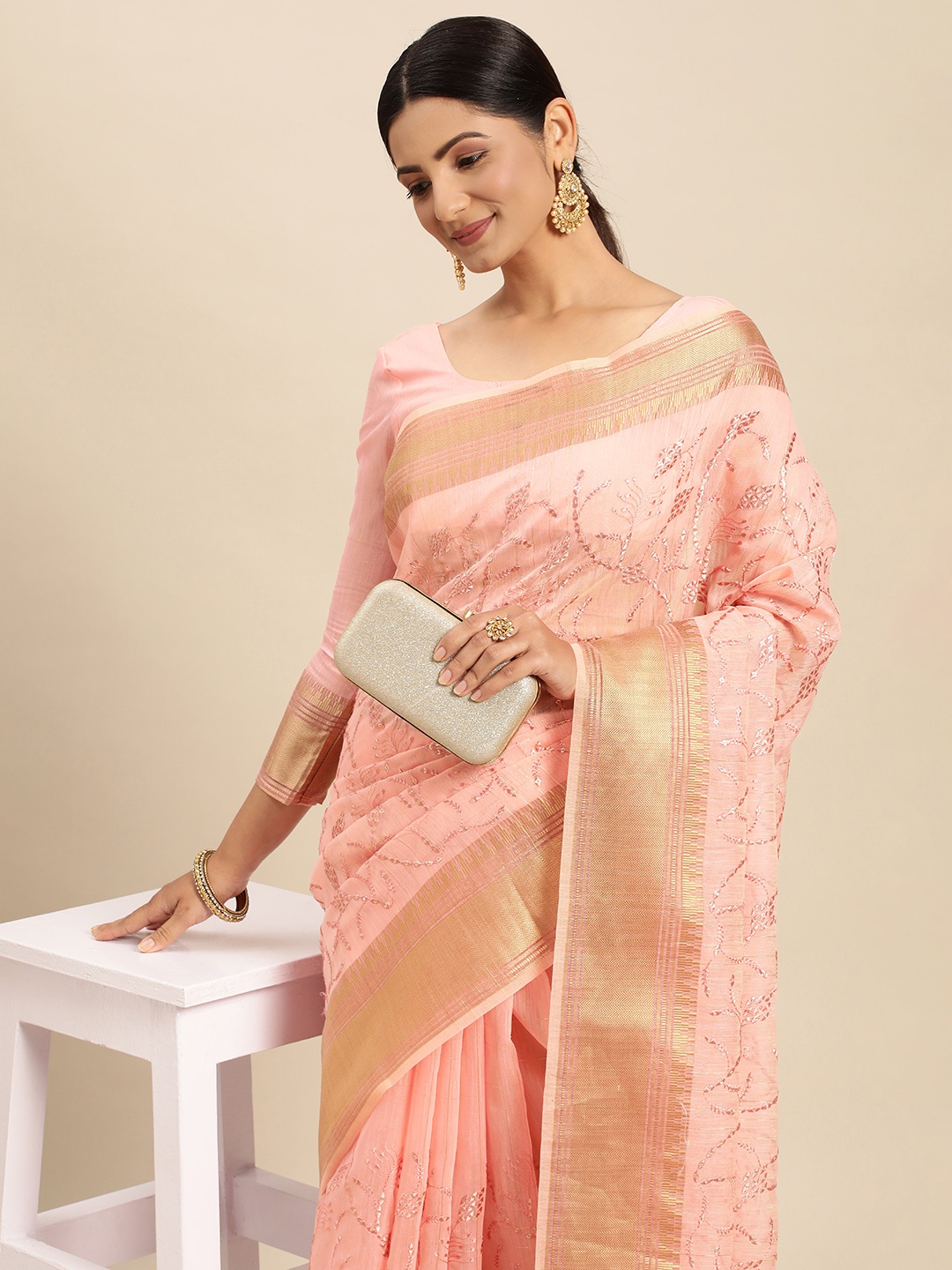 

Mitera Pink Floral Sequinned Pure Linen Saree