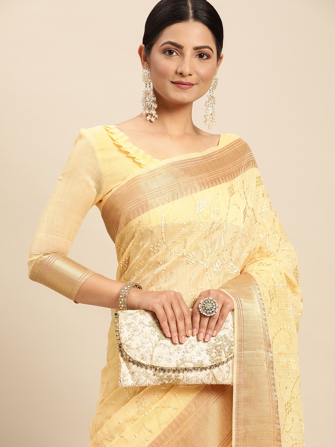 

Mitera Yellow Floral Sequinned Pure Linen Saree