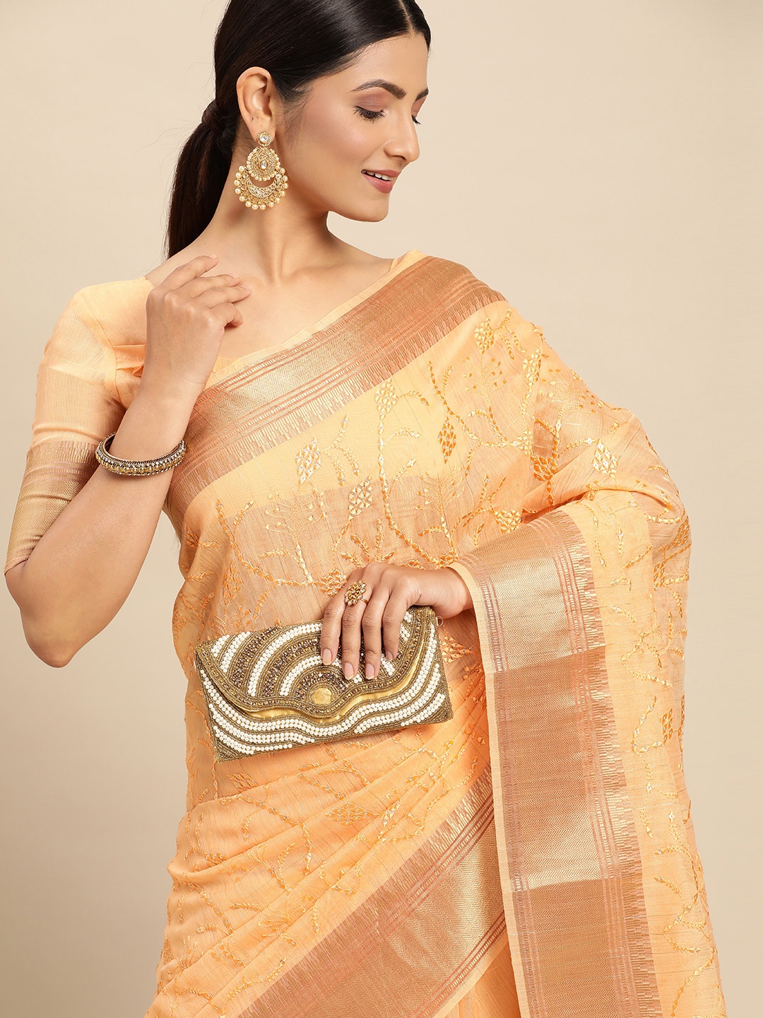 

Mitera Peach-Coloured Floral Sequinned Pure Linen Saree