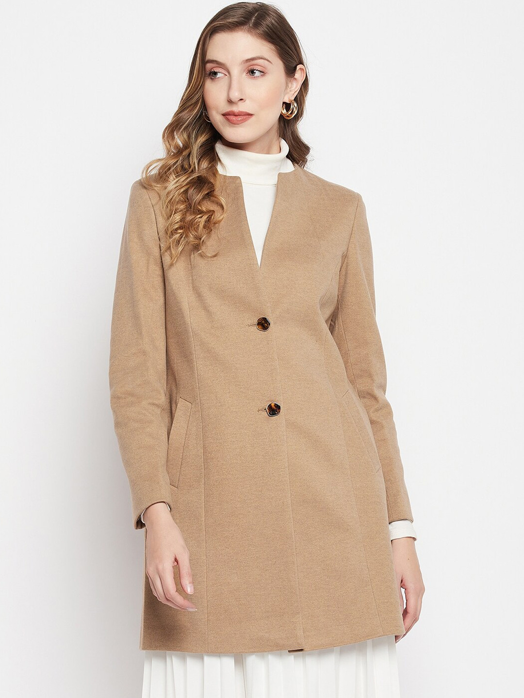 

Madame Women Single-Breasted Longline Overcoat, Khaki