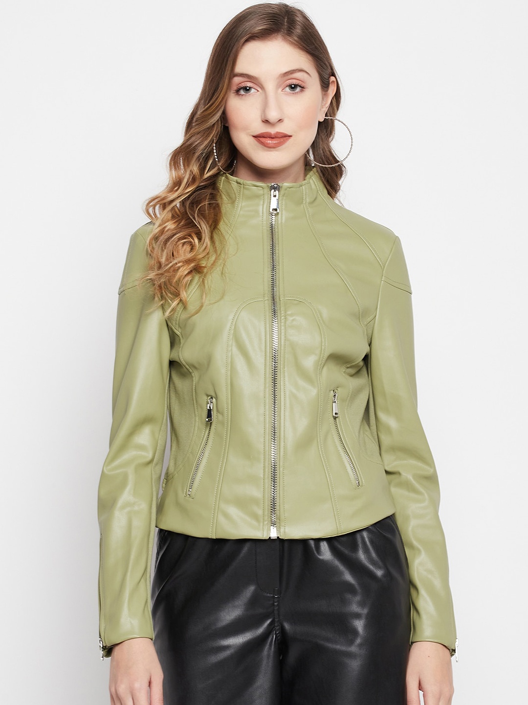 

Madame Women Stand Collar Biker Jacket, Green