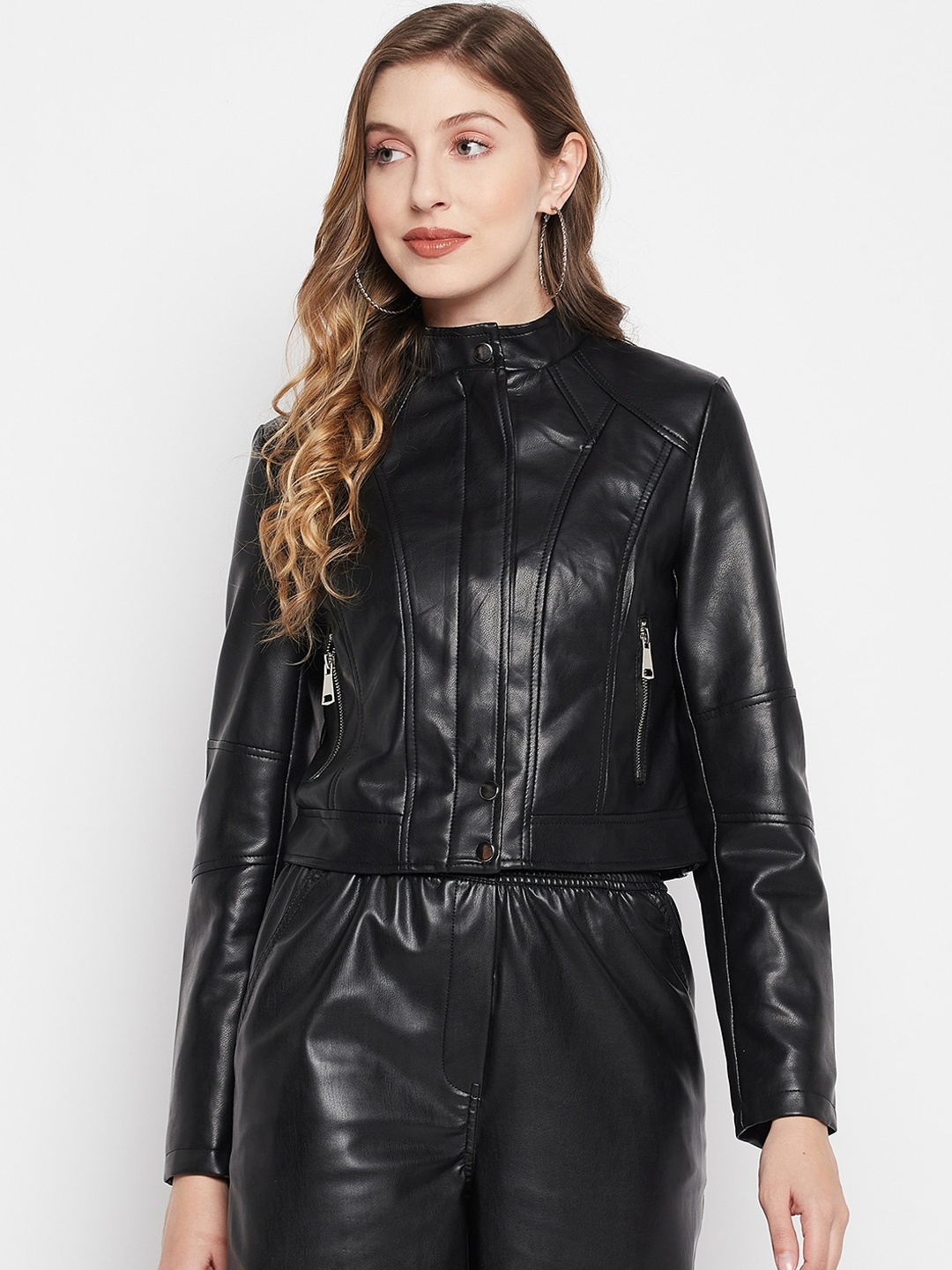 

Madame Women Stand Collar Longline Biker Jacket, Black