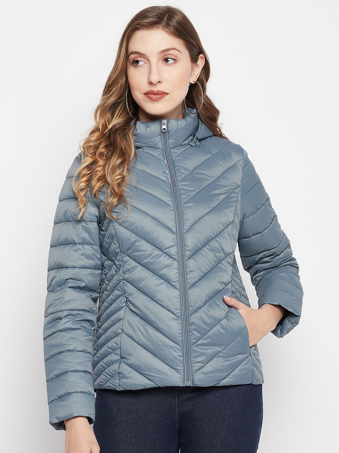

Madame Women Mock Collar Puffer Jacket, Blue