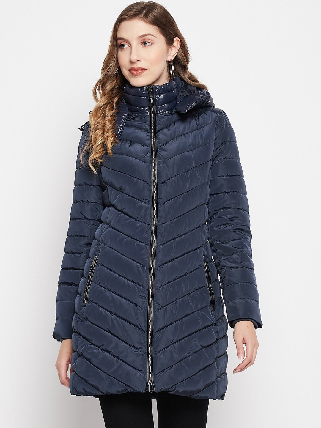 

Madame Women Hooded Longline Puffer Jacket, Navy blue