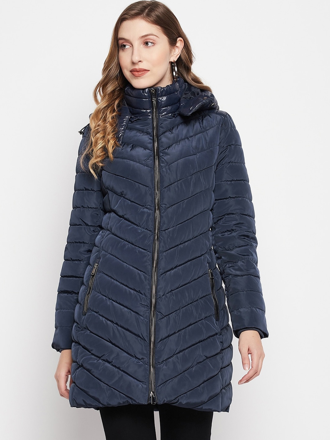 

Madame Women Plus Size Hooded Longline Puffer Jacket, Navy blue