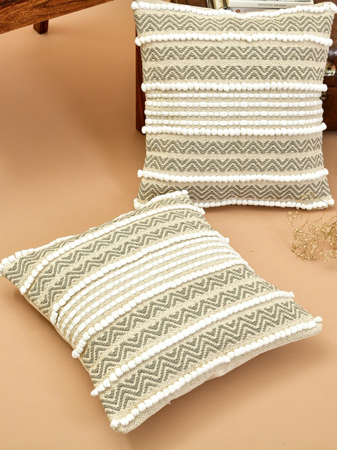 

HOMEMONDE Set of 2 Geometric Square Cotton Cushion Covers, Grey