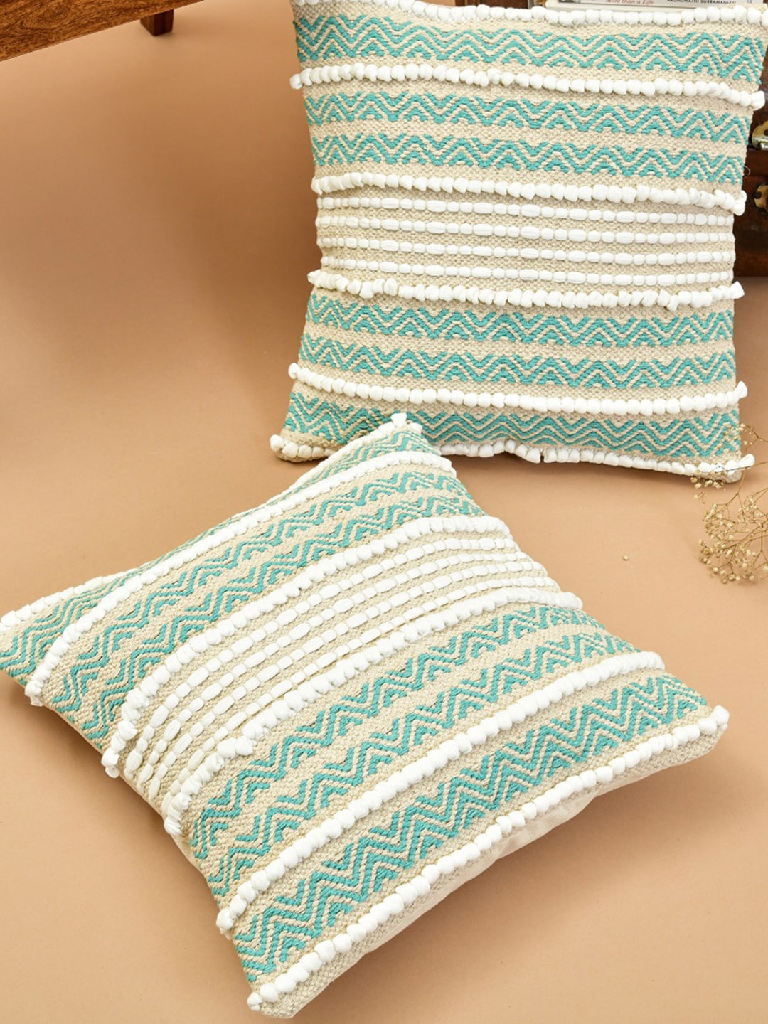 

HOMEMONDE Turquoise Blue & Beige Cotton Chunky Striped Square Cushion Cover