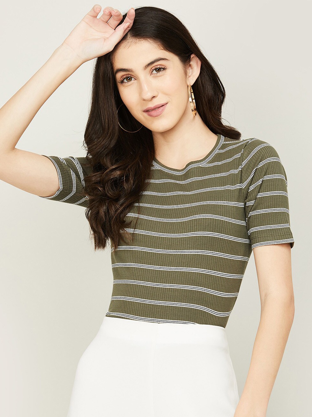 

CODE by Lifestyle Round Neck Striped Top, Olive