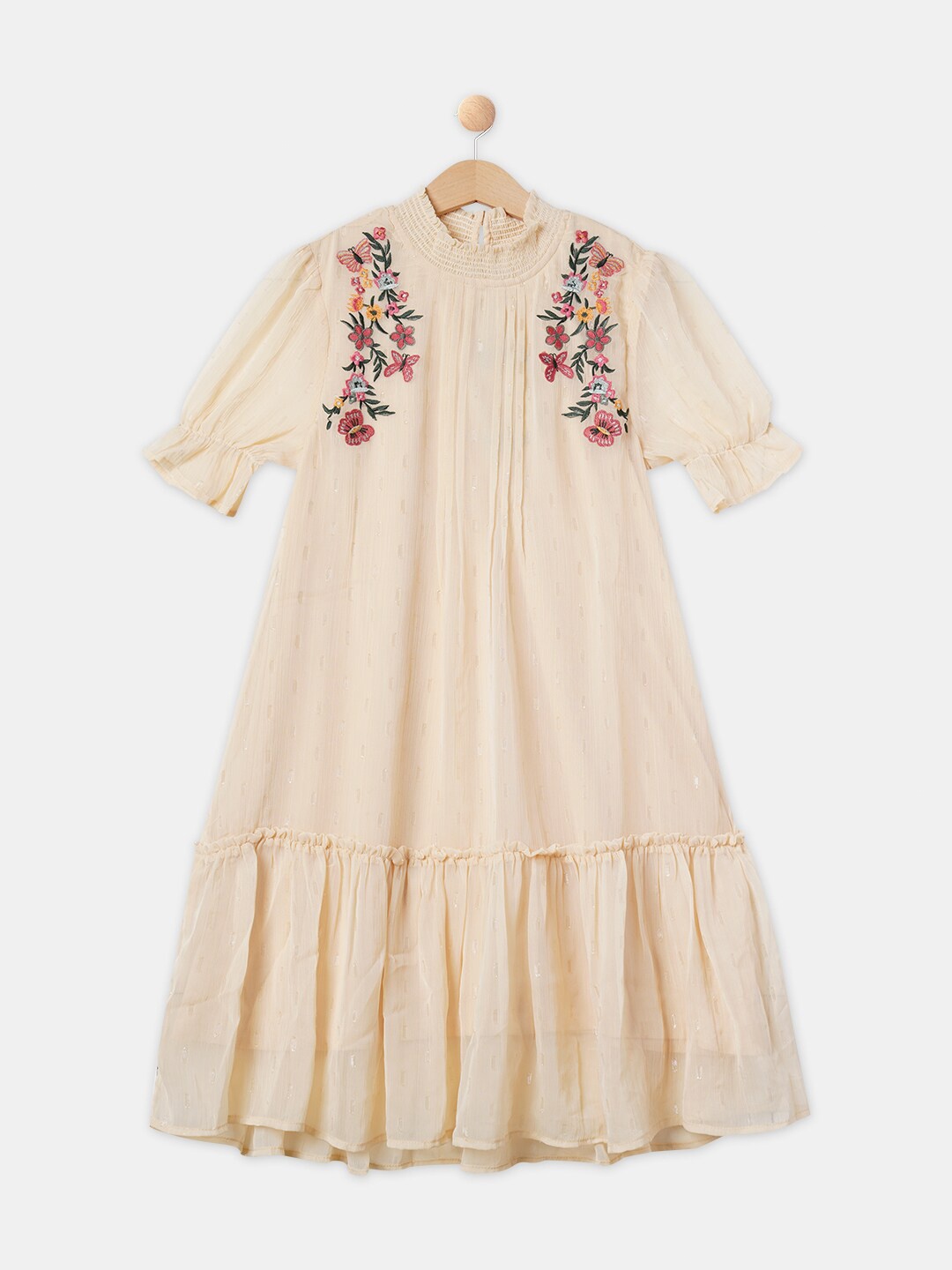 

R&B Girls Floral Embroidered A-Line Maxi Dress, Beige