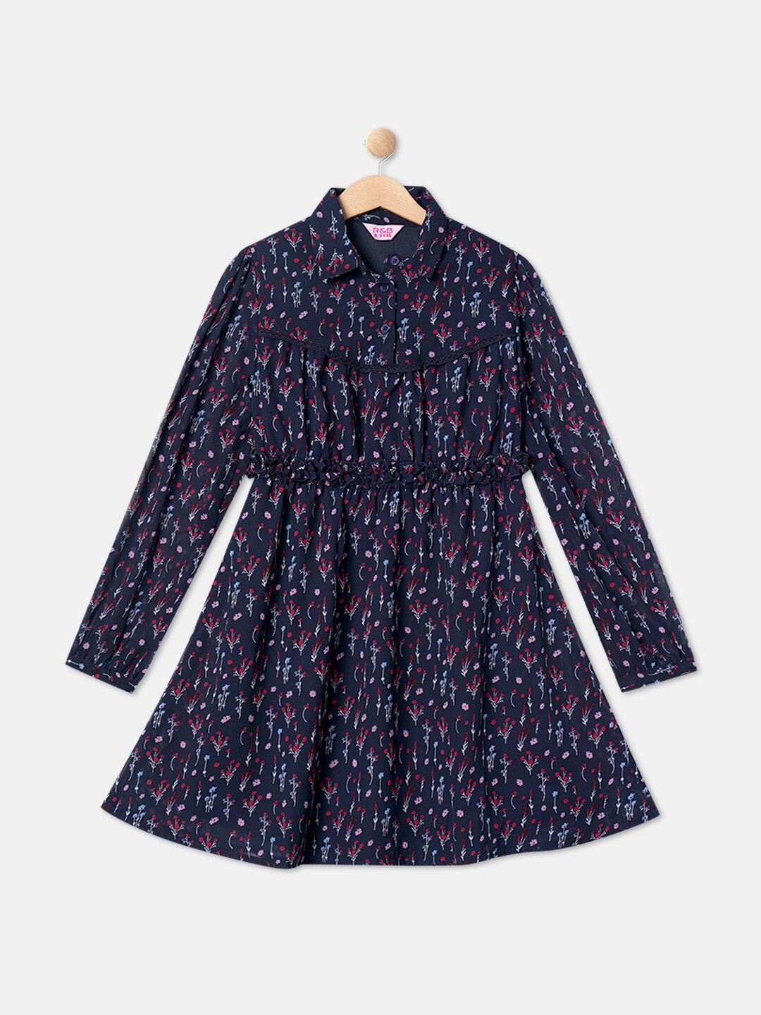 

R&B Girls Shirt Collar Floral Printed Dress, Navy blue