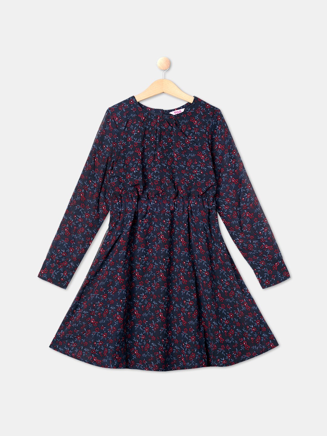 

R&B Girls Floral Printed Flared Dress, Navy blue