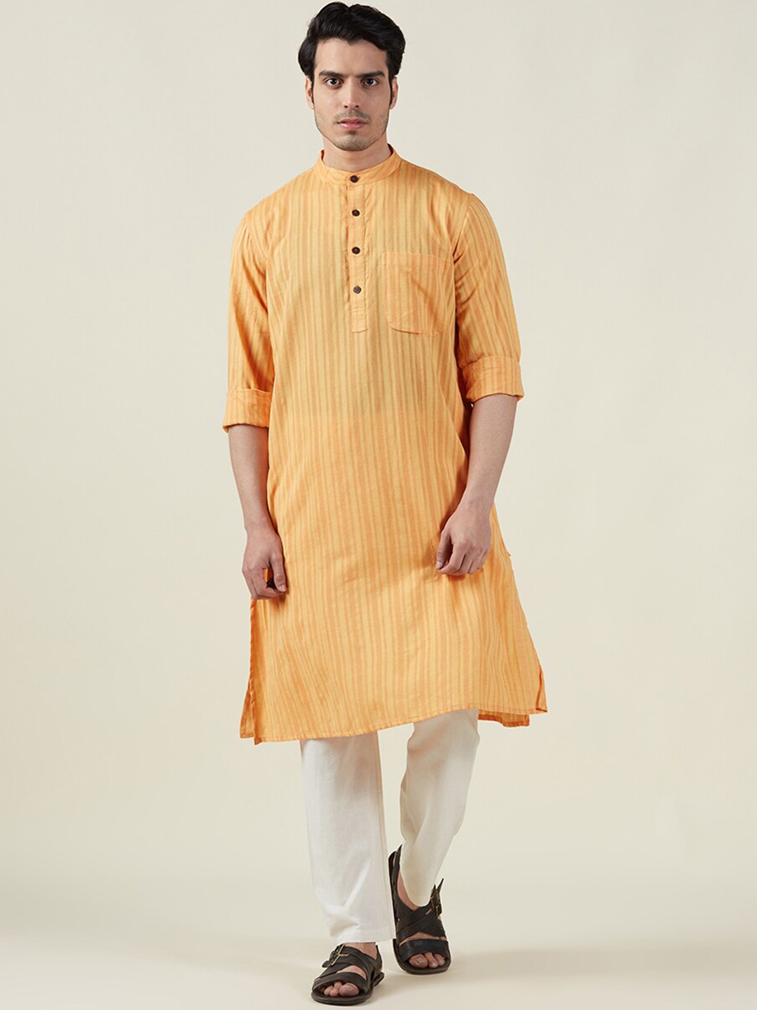 

Fabindia Mandarin Collar Striped Cotton Kurta, Yellow
